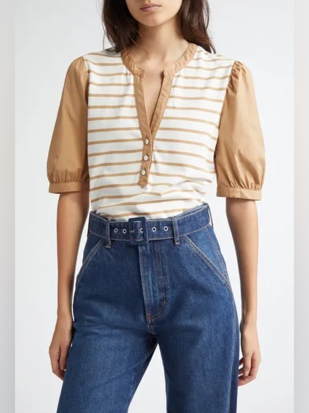 VERONICA BEARD Kellie Stripe Puff Sleeve Top in Camel and White 100% Cotton
